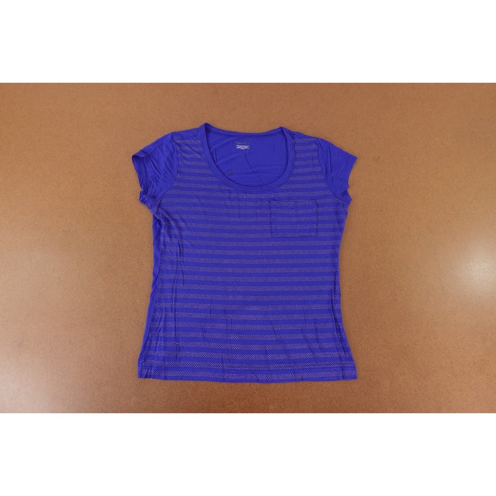 Calvin Klein Women's Size Medium Blue Striped Short Sleeve Scoop Neck Pocket Tee